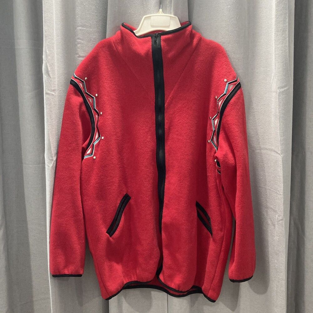 Bob Mackie Wearable Art Fleece Zip Up Jacket Red Embroidered Size Large